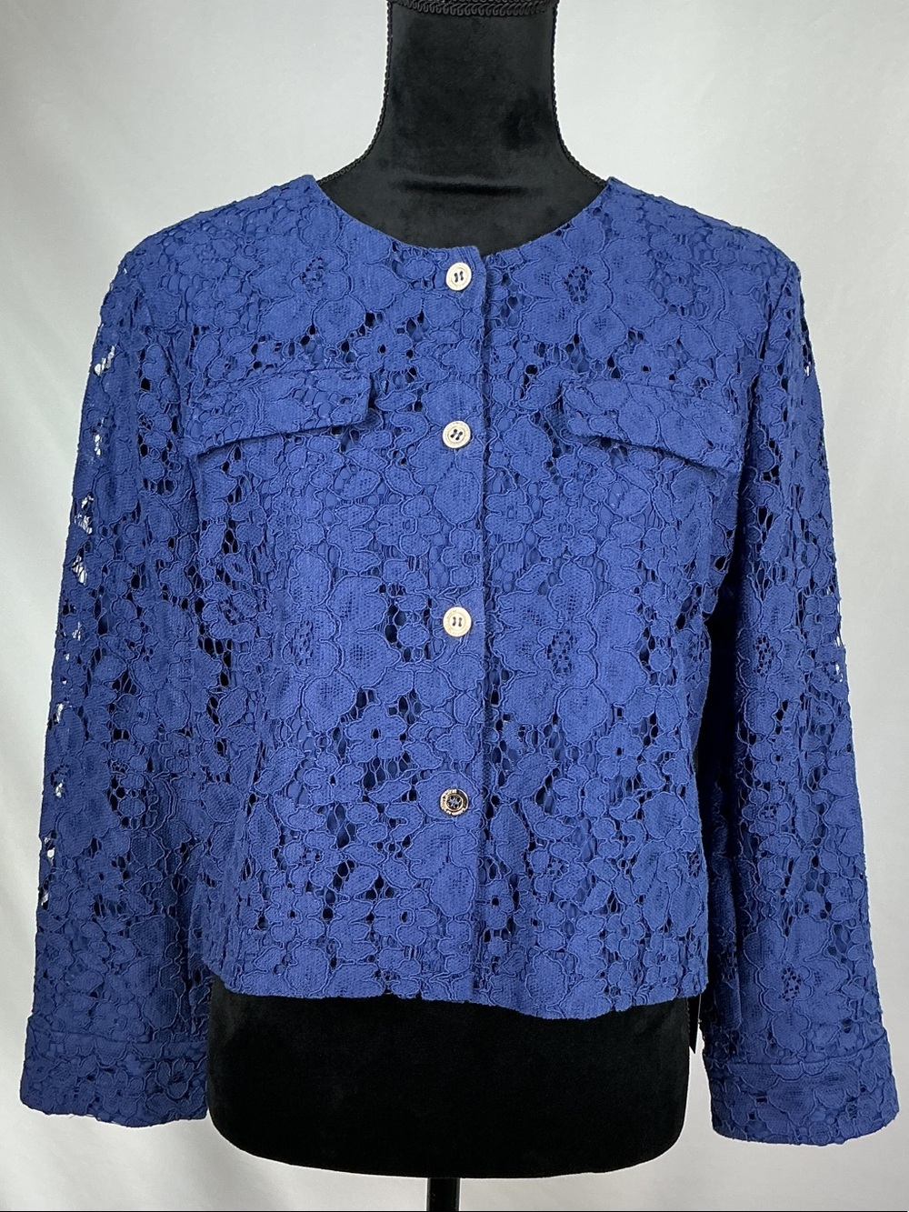Chico's Black Label Lace Cropped Blazer Jacket Size 1 M Medium 8 Creekside Blue